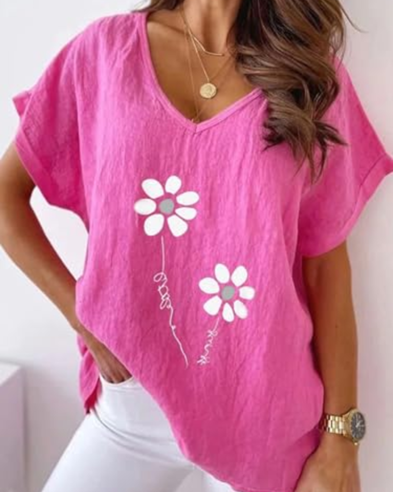 Γυναικείο T-Shirt Daisy Καλοκαίρι – Ζωντανό Ροζ V Λαιμόκοψη με Εκτύπωση Μαργαρίτες