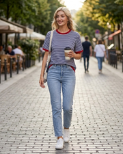 T-shirt Sofia Γυναικείο Καλοκαίρι – Ριγέ άνετο τοπ με στρογγυλή λαιμόκοψη, κοντά μανίκια, ελαφρύ ύφασμα