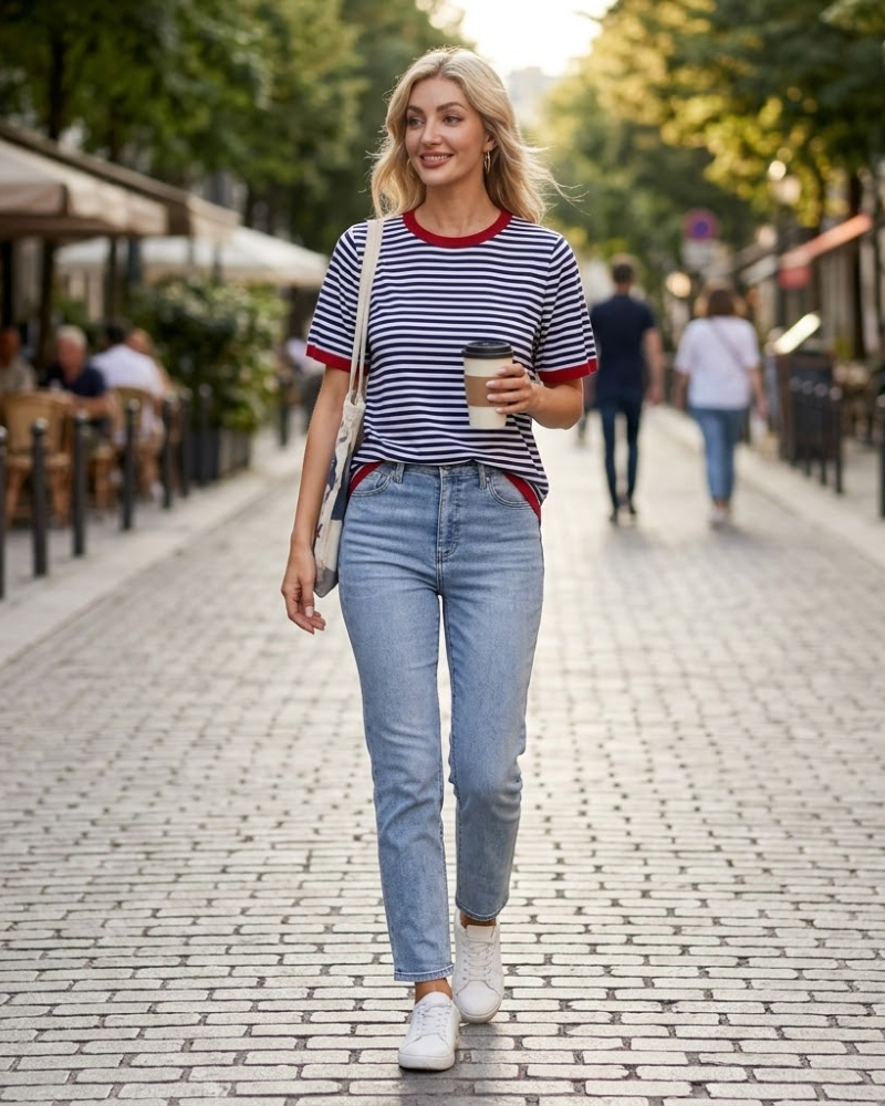 T-shirt Sofia Γυναικείο Καλοκαίρι – Ριγέ άνετο τοπ με στρογγυλή λαιμόκοψη, κοντά μανίκια, ελαφρύ ύφασμα