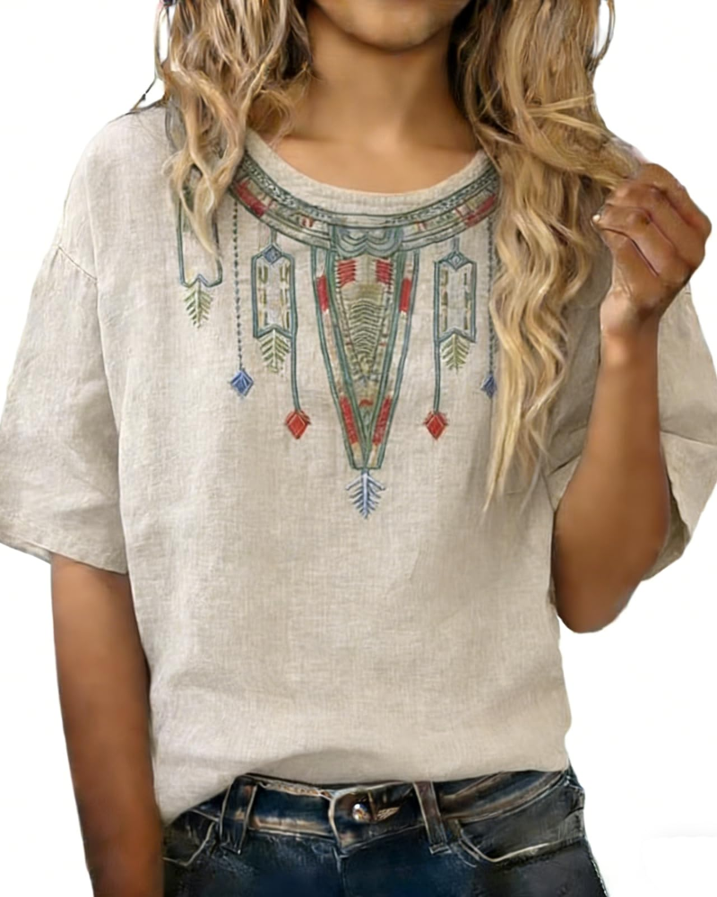 Blusa Sarah Mulher Verão – Linho Algodão Bordado Floral Decote em V
