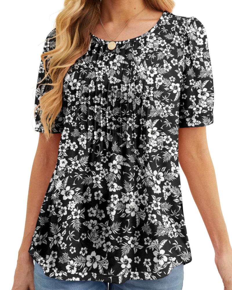 Lena T-Shirt Femme Été – Floral Col Rond Plissé Manches Courtes