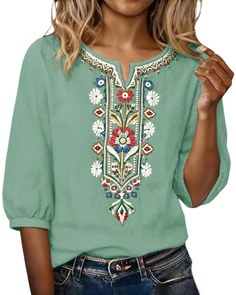 Blusa Sarah Mulher Verão – Linho Algodão Bordado Floral Decote em V