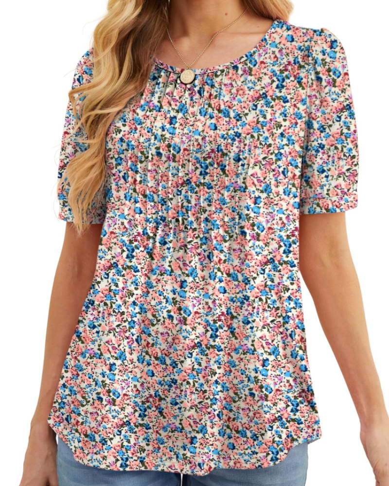 Lena T-Shirt Femme Été – Floral Col Rond Plissé Manches Courtes