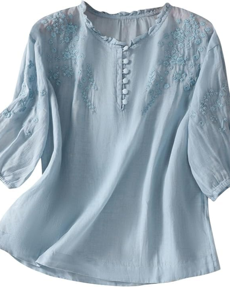 Brightyn boheme bomuldskjorte til kvinder – broderet bluse med 3/4-ærmer