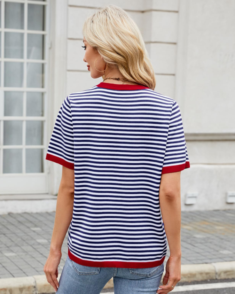 Charlotte Haut Malha Listrada Mulher – T-shirt Gola Redonda Leve com Mangas Curtas
