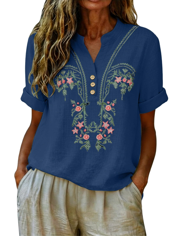 Dallie Damenbluse Sommer – Leinen mit floraler Stickerei, V-Ausschnitt, Knopfleiste