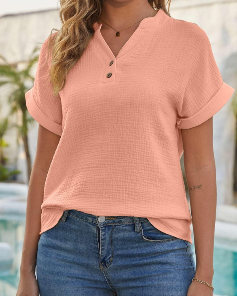Olivia Bluse Damen Sommer – Leinen Baumwolle V-Ausschnitt Knopfleiste Kurzarm