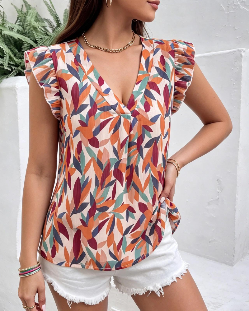 Blusa Loev Mulher Verão – Estampado Folhas Decote V Mangas com Folhos