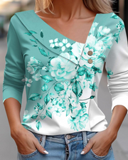 T-shirt estivo donna Emily – Scollo a V con stampa, maniche lunghe leggere