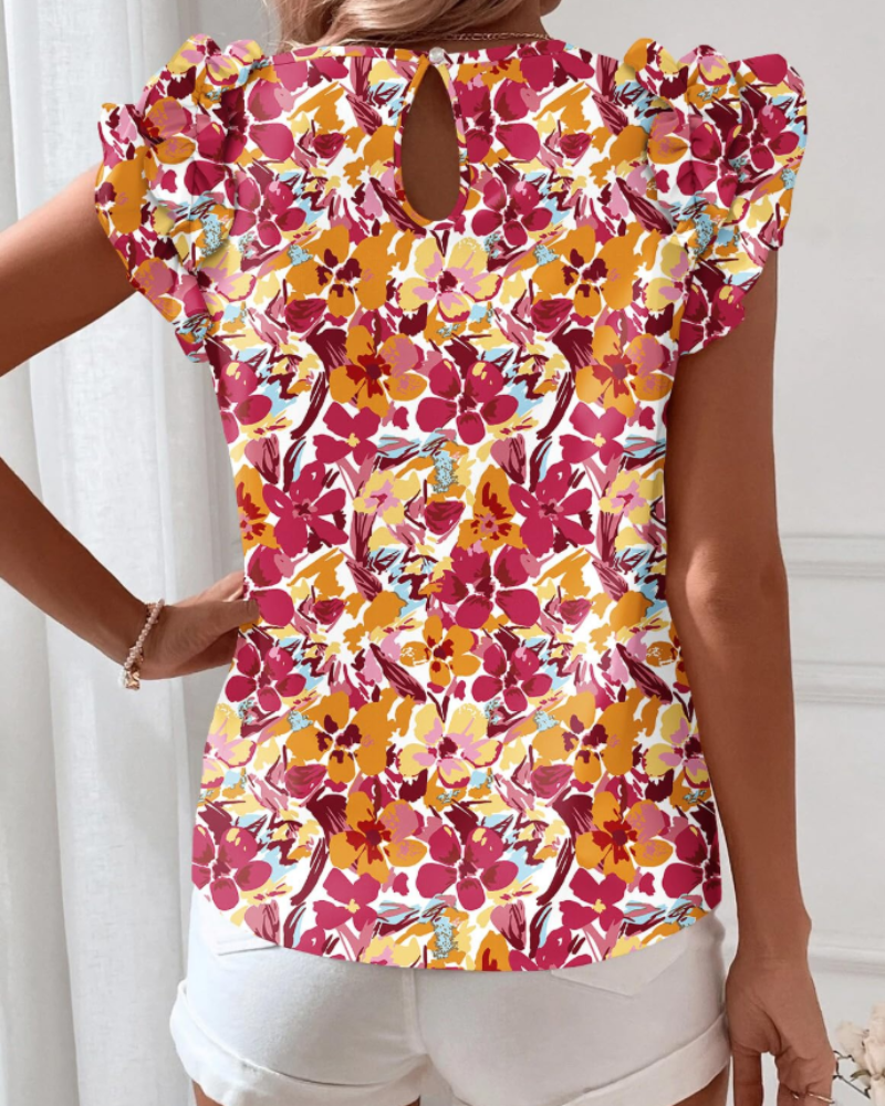 Lily Blouse Femme Bohème – Imprimé Floral Volants Manches Courtes