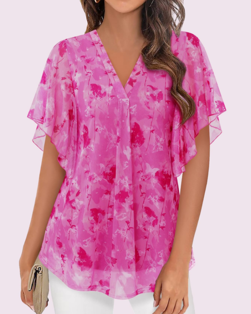 Fallyn Chemisier Femme en Maille – Blouse Col V Double Couche à Manches Volantées