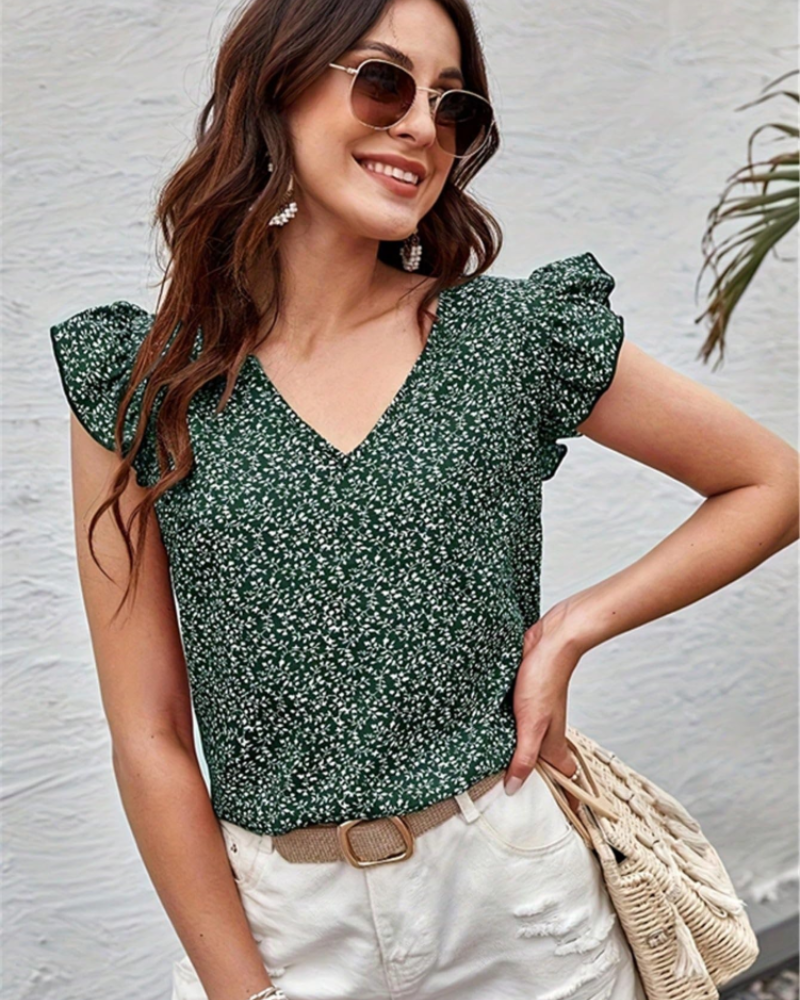 Filomena Damenbluse mit Blumenmuster – Leichte Bluse mit V-Ausschnitt und Volantärmeln