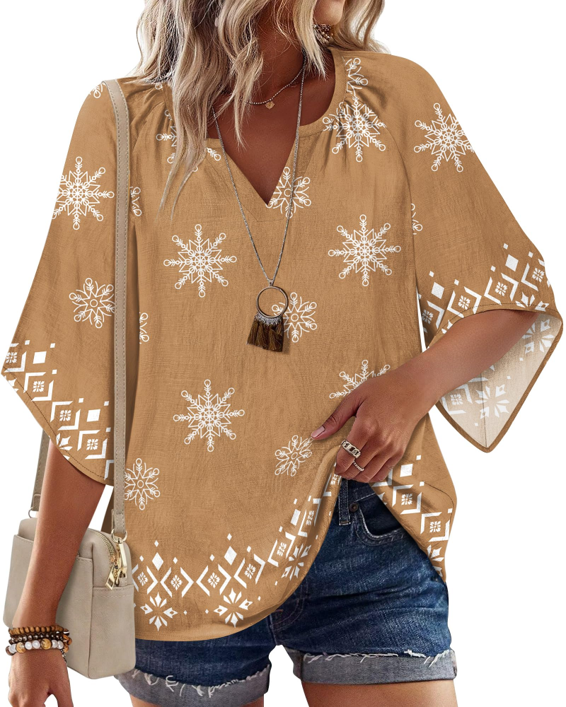 Vivienne Bohemian Women's Shirt – V-Neck Henley Blouse with Floral Print and Flared Sleeves