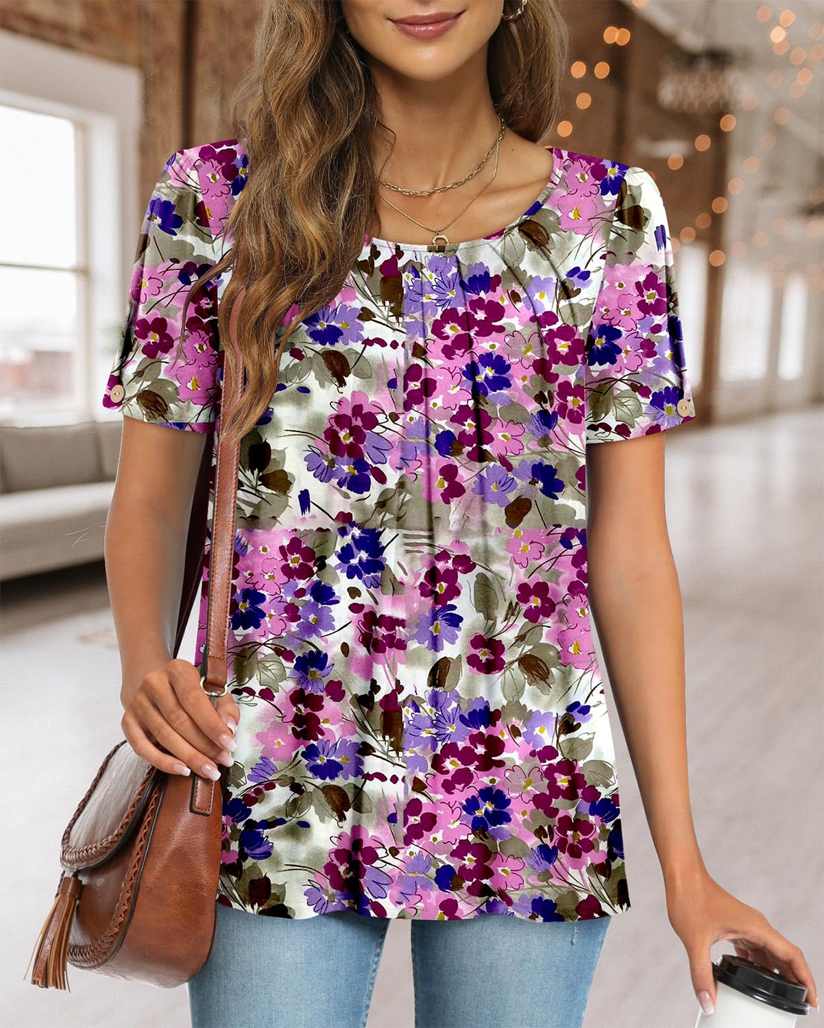 Fairy Chemisier Femme Décontracté – Blouse Fluide Col Rond à Manches Courtes