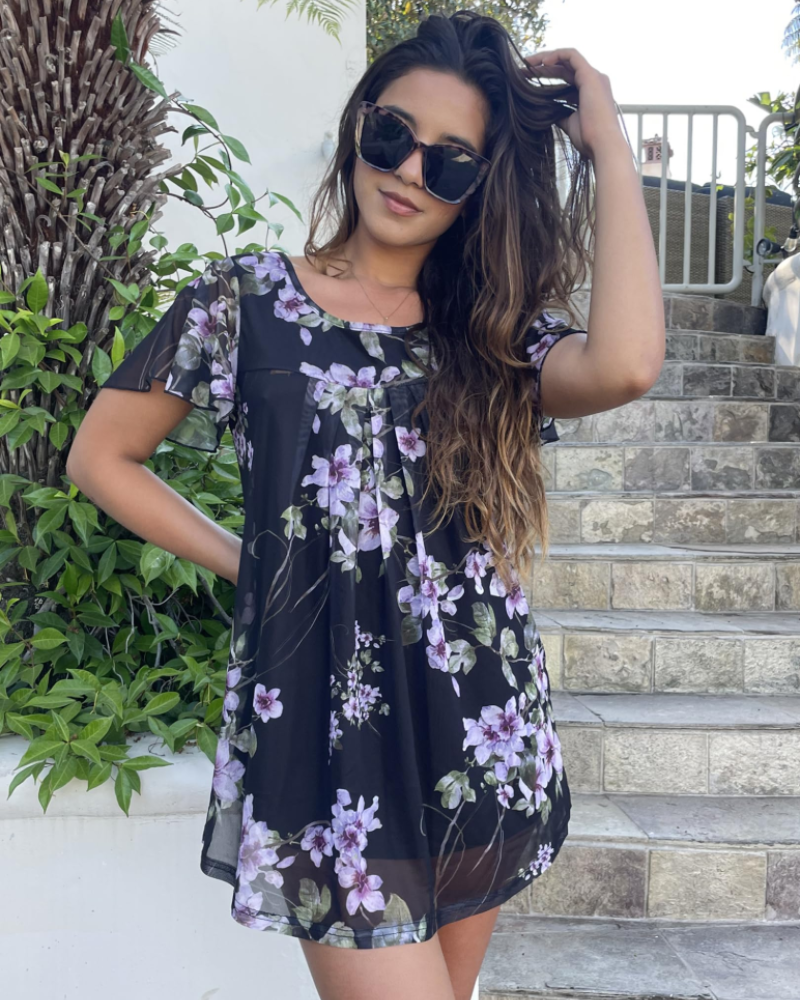 Clara Women's Summer Blouse – Floral Round Neck Double Layer