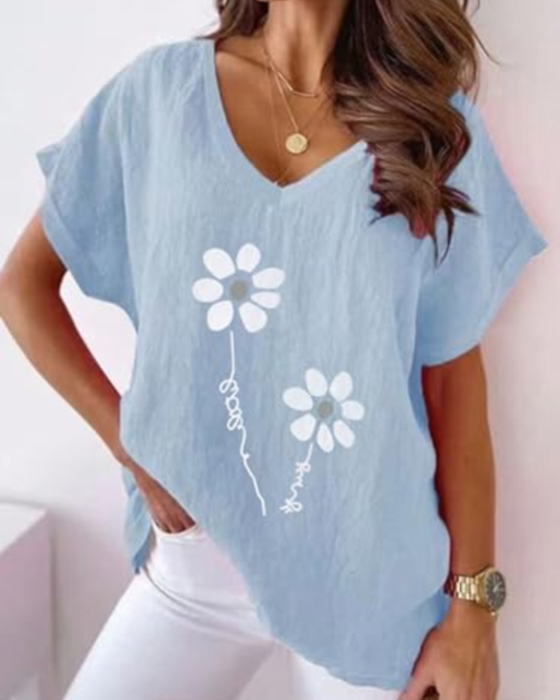 Bellina kvindelig blomsterkjole – Sommerbluse med V-hals og margueritprint, løs pasform