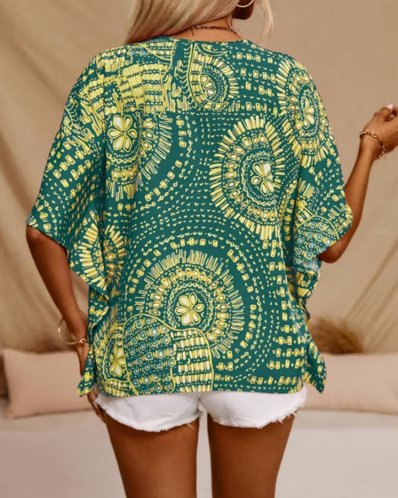 Benicia Oversize Tunika til Kvinder – Boheme Bluse med V-udskæring og Etnisk Print