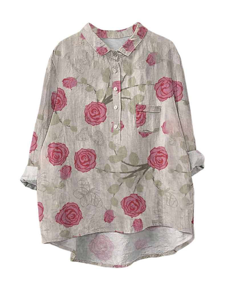 Bluza Amelia pentru femei vară – in bumbac, guler în V, nasturi, mâneci lungi