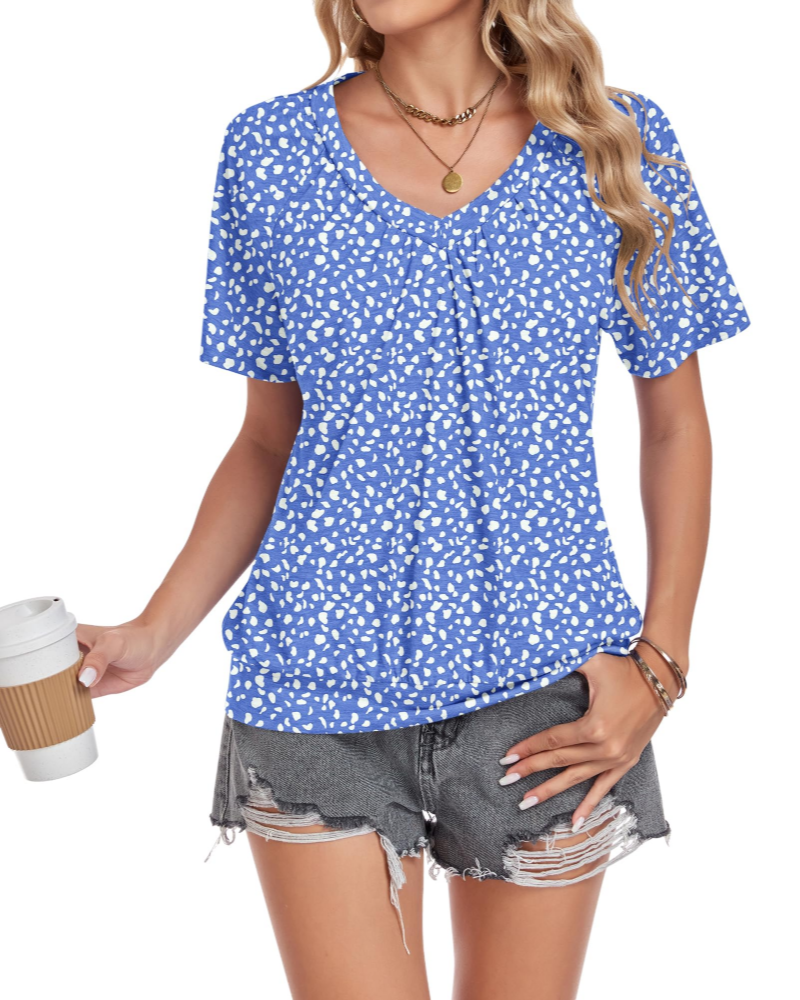 Mia Women's Summer T-Shirt – V-Neck, Bubble Hem, Loose Elegant Fit