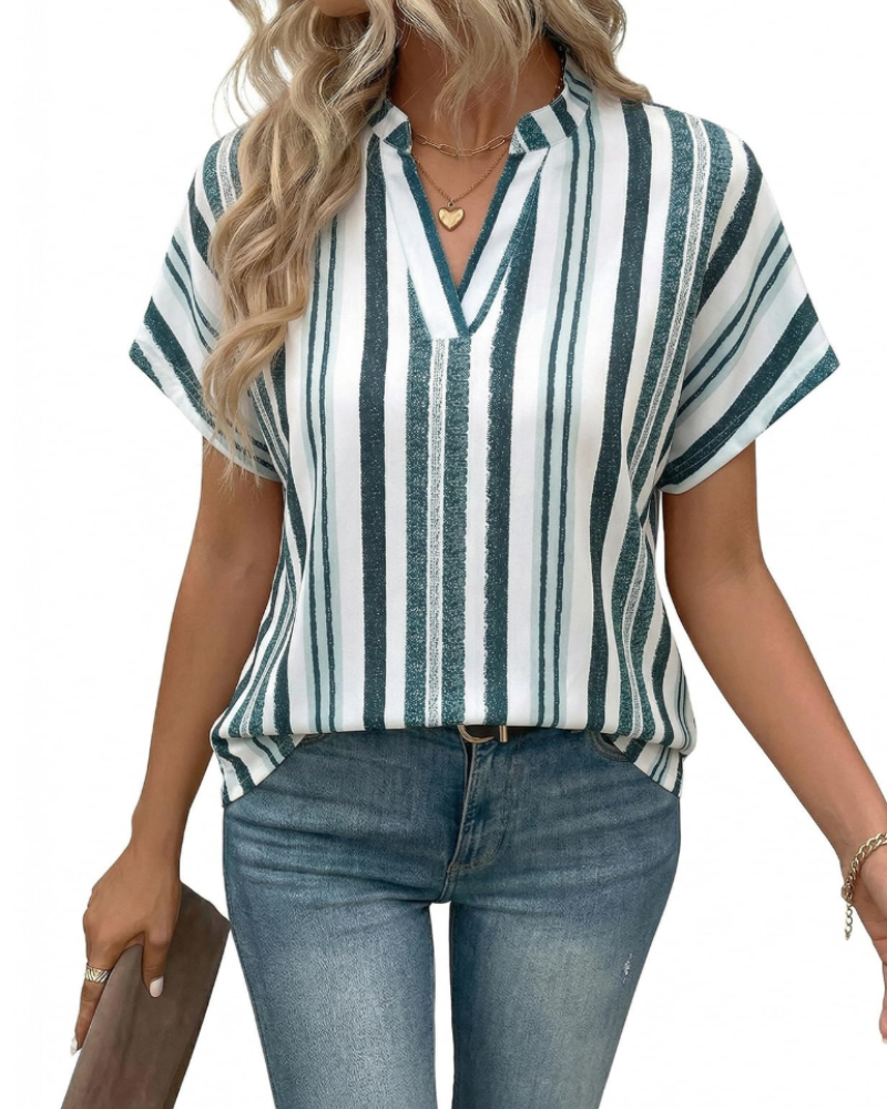 Emily Blouse Femme Rayée – Col V Élégant Manches Courtes