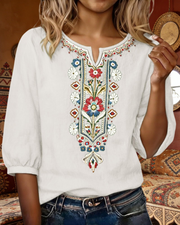 Blusa Sarah Mulher Verão – Linho Algodão Bordado Floral Decote em V