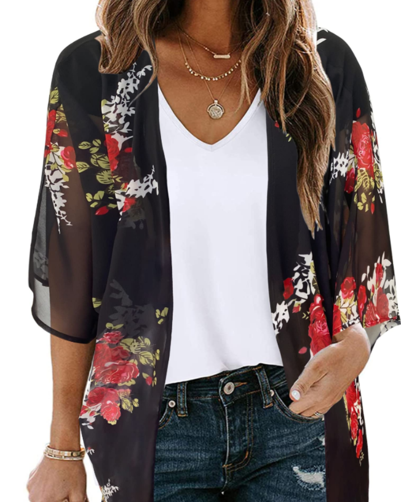 Bianca Kimono Kvinde Boheme – Let Blomstret Vest i Mousseline med 3/4-Ærmer