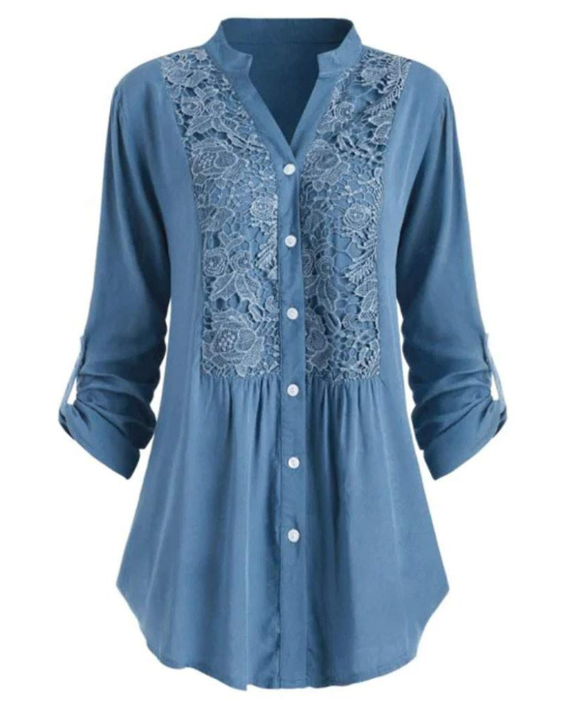Kratka ženska bluza – lan i pamuk, oversize, V-izrez, elegantna čipka
