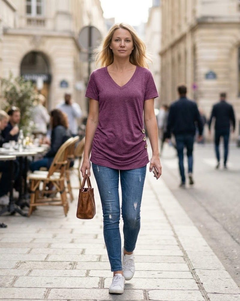 Dámské oversize tričko Noémie – tunika s výstřihem do V, knoflíky, krátké rukávy, léto
