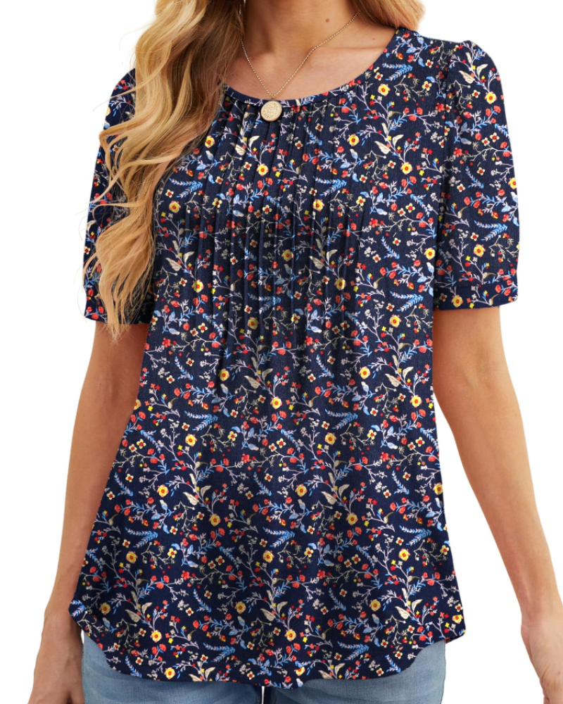 Lena T-Shirt Femme Été – Floral Col Rond Plissé Manches Courtes