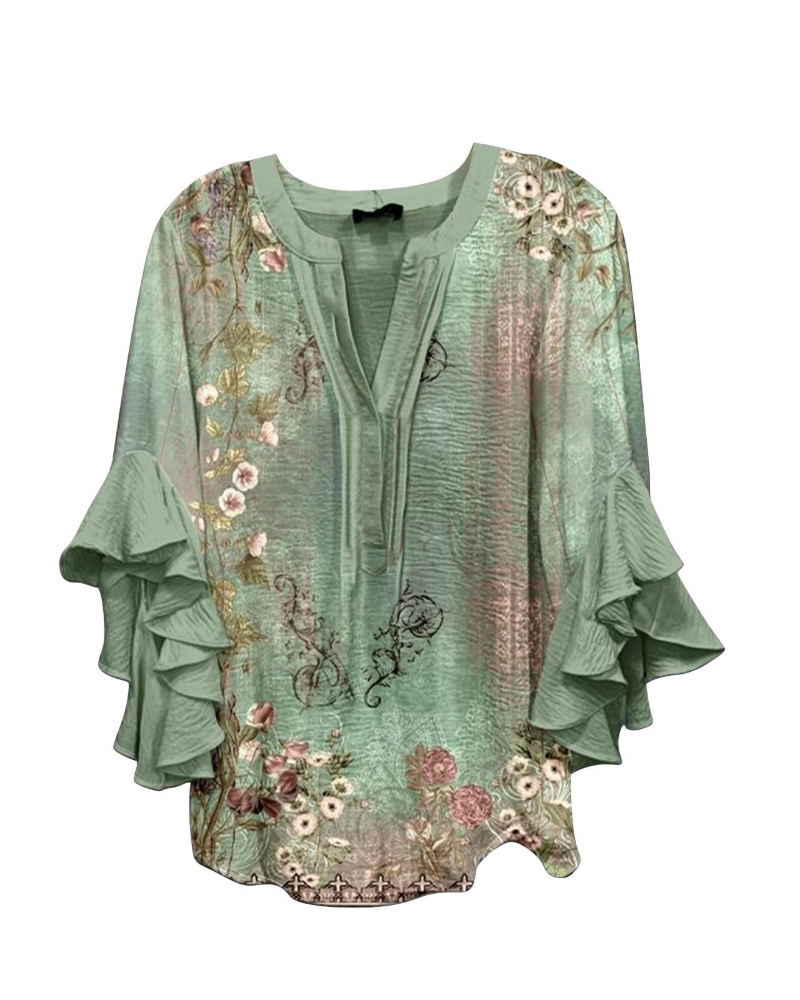 Blusa Megan Donna – Scollo a V Maniche 3/4 con Volant Stampata
