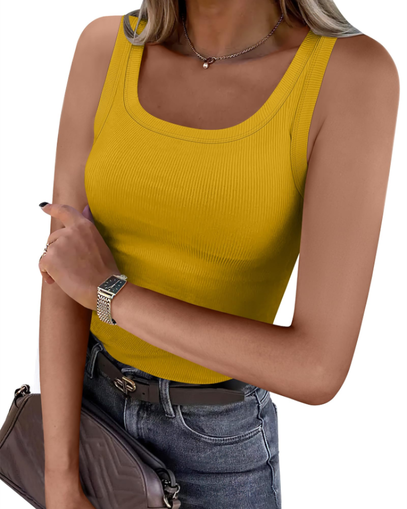 Naomi Dames Ribgebreide Top – Strakke Mouwloze Top met Ronde Hals en Diepe Uitsnijding
