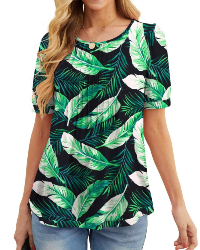 Lena T-Shirt Femme Été – Floral Col Rond Plissé Manches Courtes