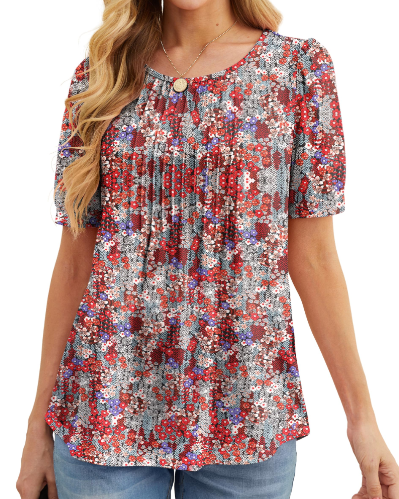 Lena T-Shirt Femme Été – Floral Col Rond Plissé Manches Courtes