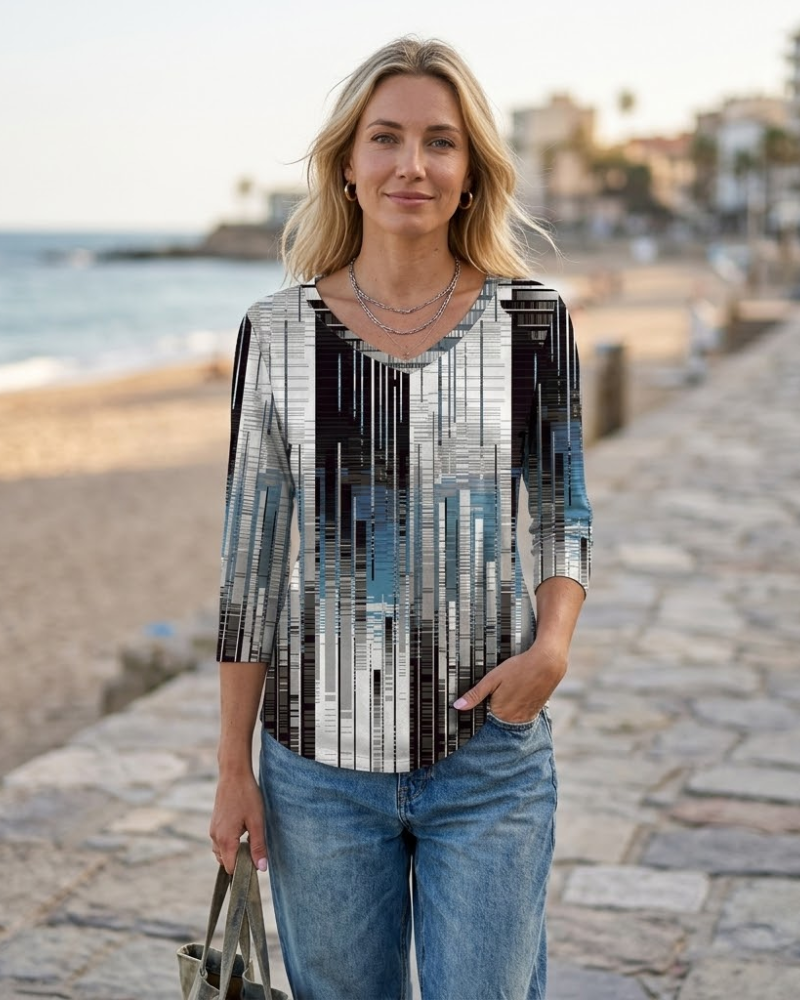 Laura Tuniek Dames – Top V-hals 3/4 Mouwen Elegant Losse Blouse Zomer