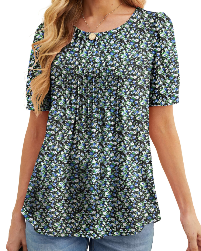 Lena T-Shirt Femme Été – Floral Col Rond Plissé Manches Courtes
