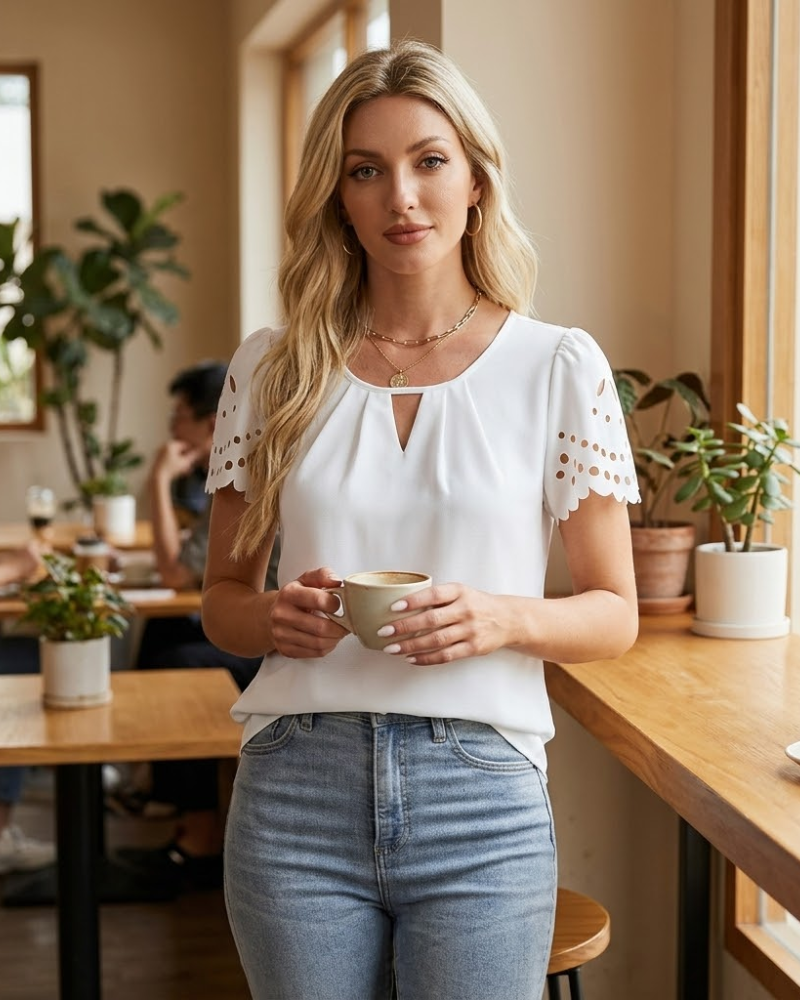 Dámská halenka Amélie Chic – Top z šifonu s výstřihem do V a elegantním vzorem Ajouré na léto