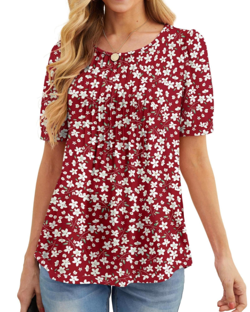 Lena T-Shirt Femme Été – Floral Col Rond Plissé Manches Courtes