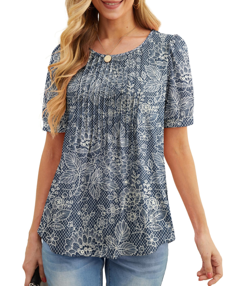 Lena T-Shirt Femme Été – Floral Col Rond Plissé Manches Courtes