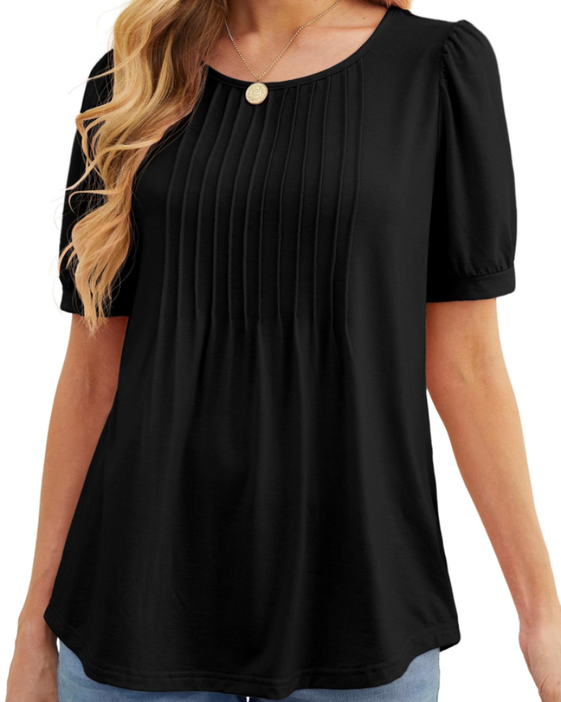 Lena T-Shirt Femme Été – Floral Col Rond Plissé Manches Courtes