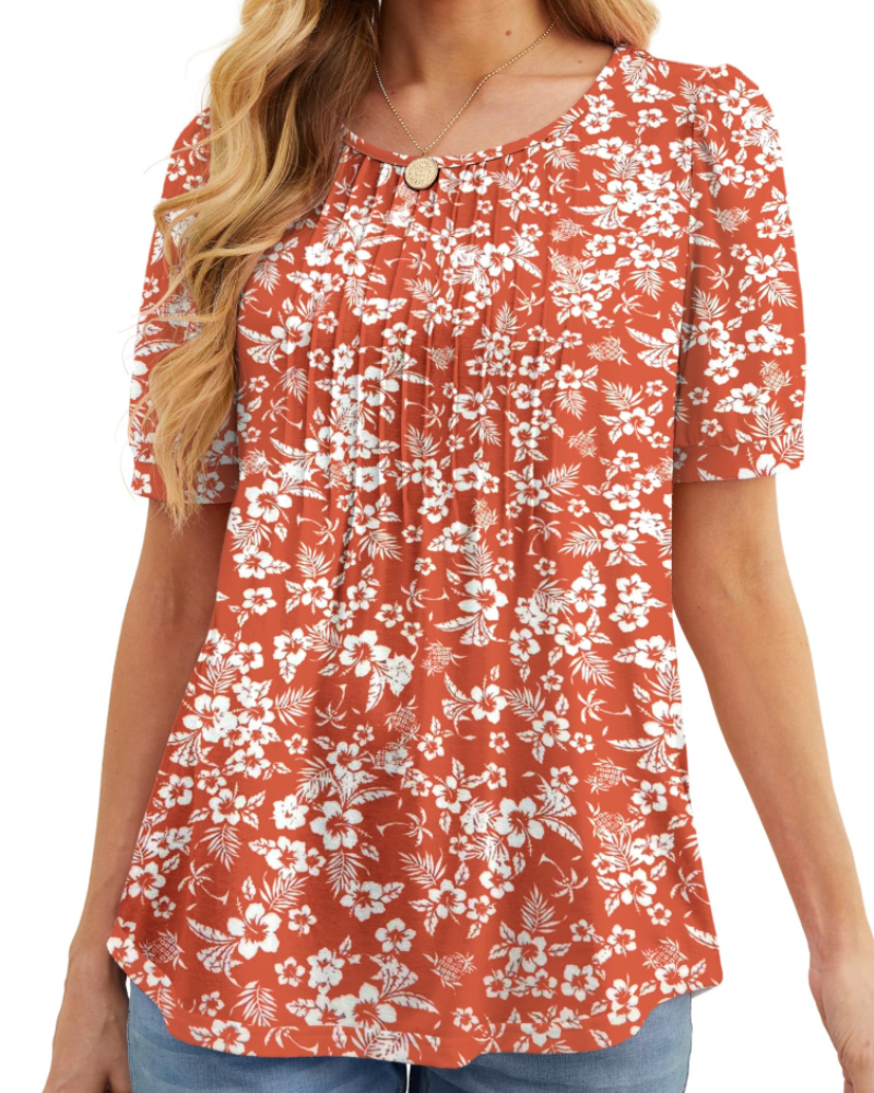 Lena T-Shirt Femme Été – Floral Col Rond Plissé Manches Courtes