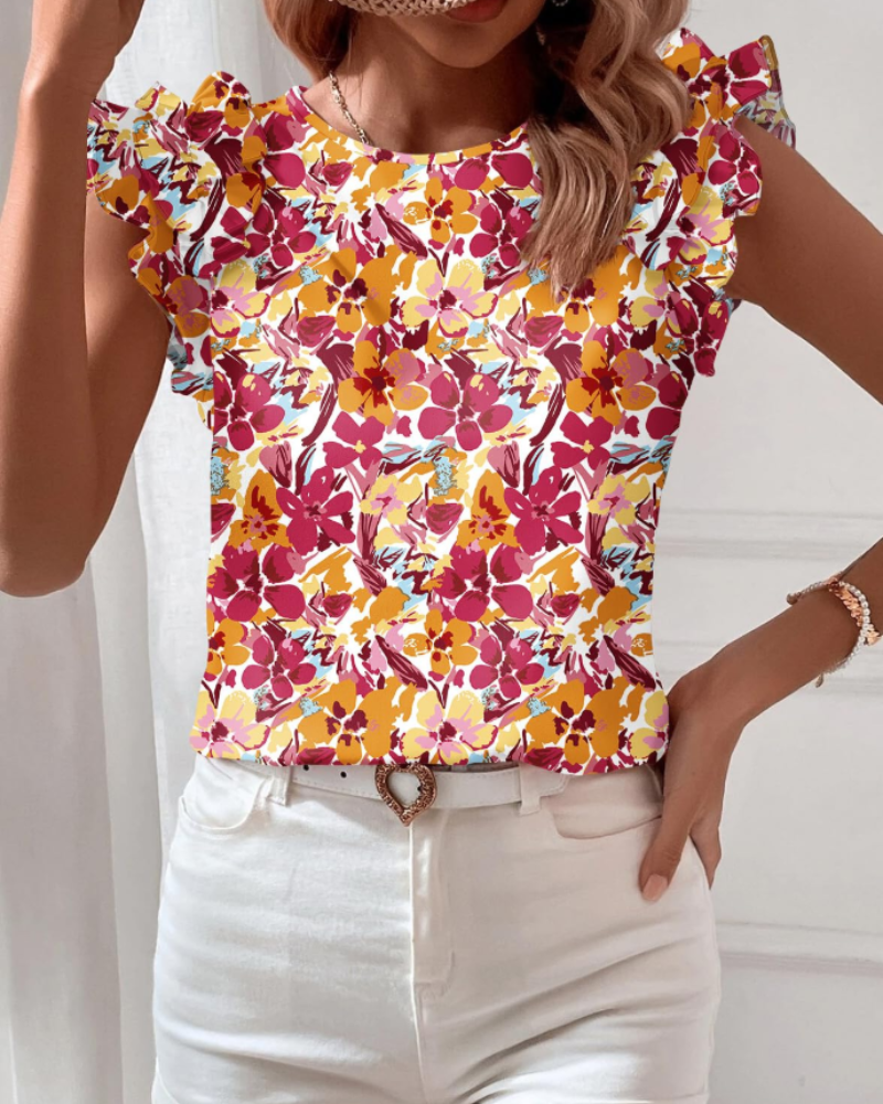 Lily Blouse Femme Bohème – Imprimé Floral Volants Manches Courtes