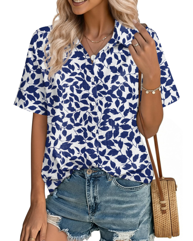 Phia Chemisier Femme en Coton-Lin – Blouse Col V Boutonnée à Manches Courtes d’Été