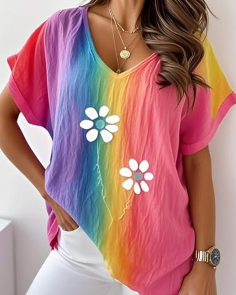 Γυναικείο T-Shirt Daisy Καλοκαίρι – Ζωντανό Ροζ V Λαιμόκοψη με Εκτύπωση Μαργαρίτες