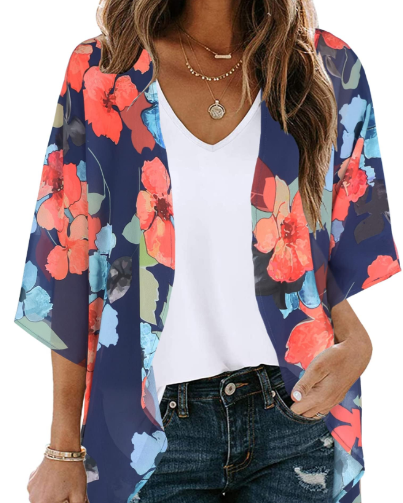 Bianca Kimono Kvinde Boheme – Let Blomstret Vest i Mousseline med 3/4-Ærmer