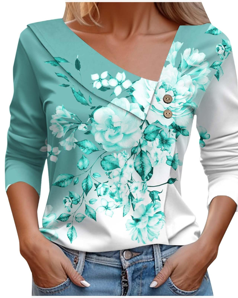 T-shirt estivo donna Emily – Scollo a V con stampa, maniche lunghe leggere
