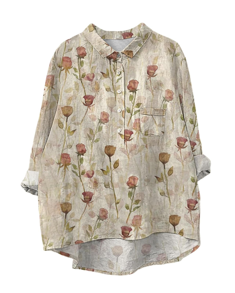Bluza Amelia pentru femei vară – in bumbac, guler în V, nasturi, mâneci lungi