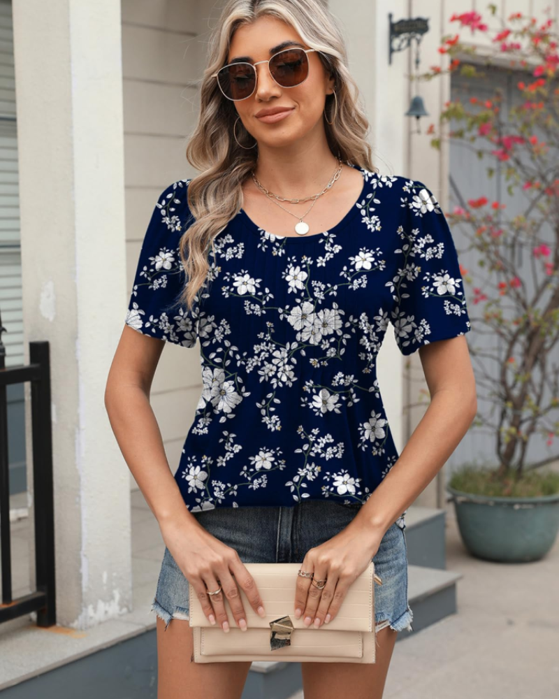 Elena Blouse Femme Été – Florale Manches Courtes Coupe Ample