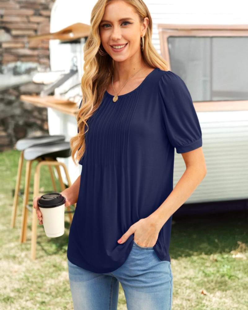 Lena T-Shirt Femme Été – Floral Col Rond Plissé Manches Courtes