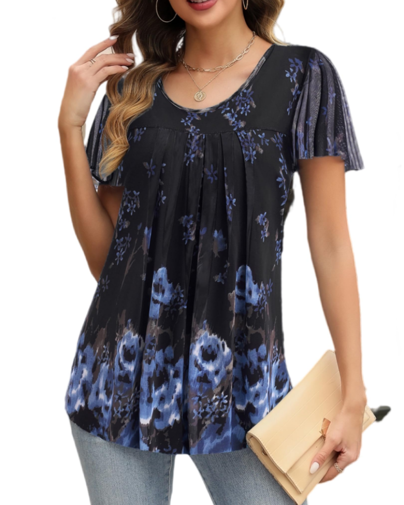 Clara Women's Summer Blouse – Floral Round Neck Double Layer