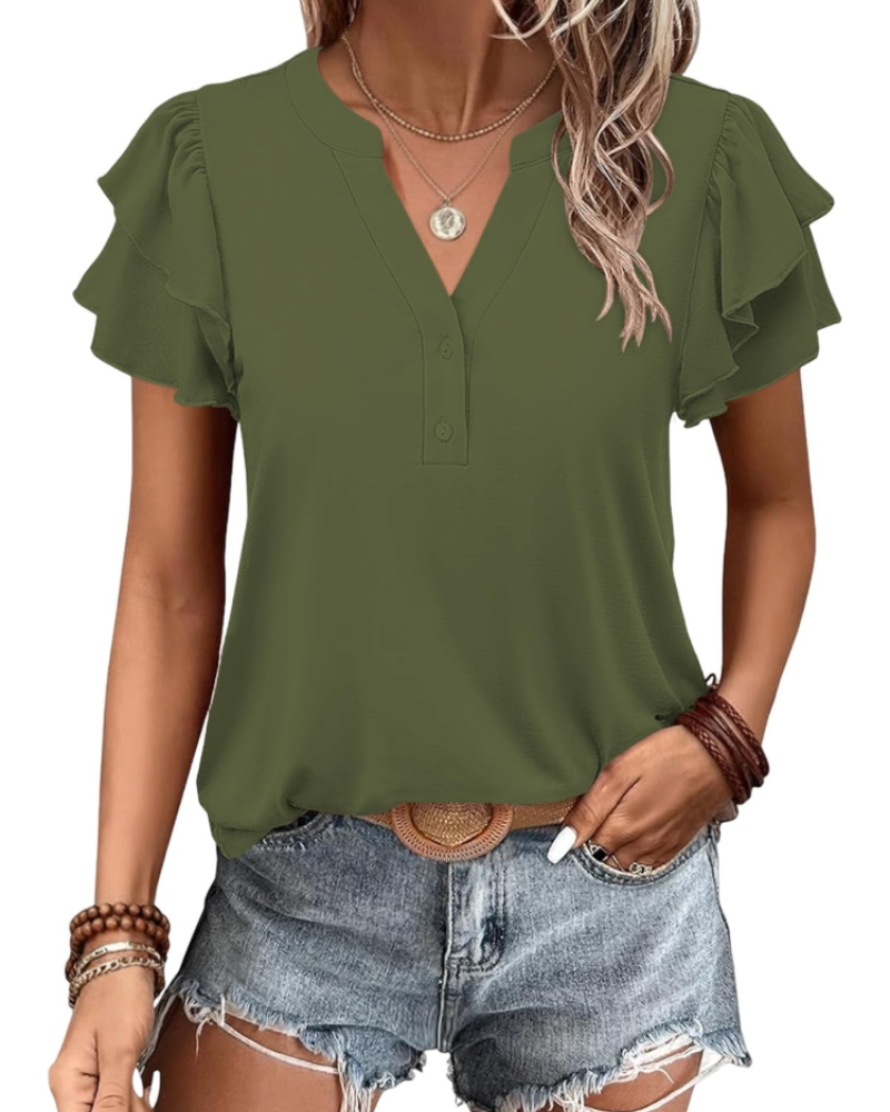 T-shirt Adele Mulher Verão – Decote em V Mangas Curtas Assimétricas